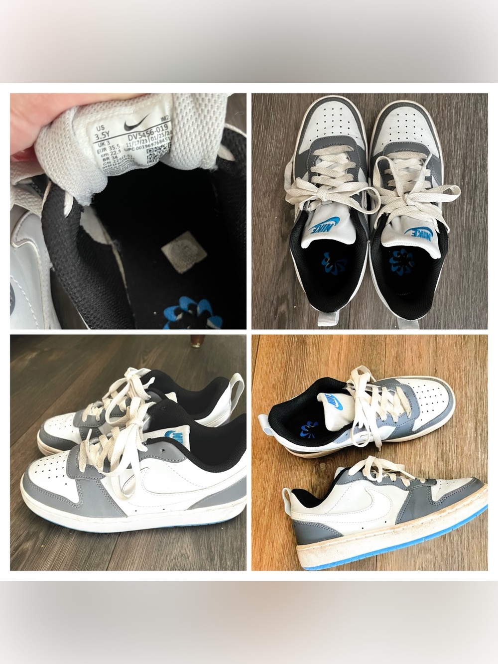 Nike Kids Low-Top Sneakers in White, Gray, Black, and Blue Accents